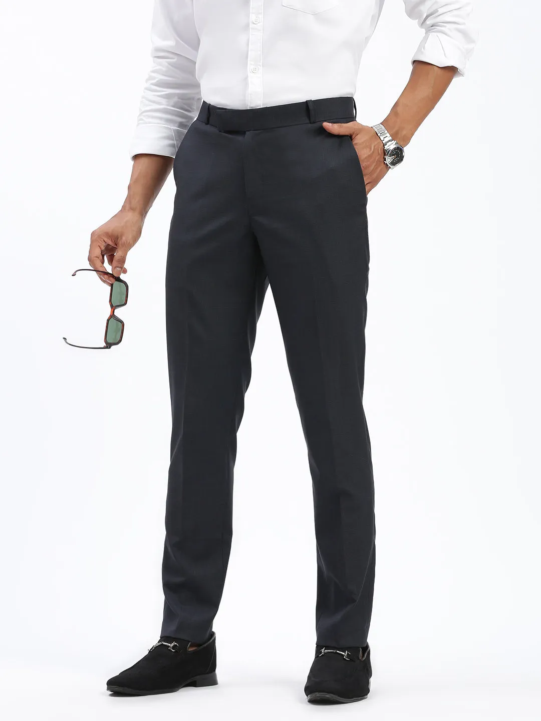 Men Grey Solid Comfort Slim Fit Low-Rise Formal Cotton Trousers