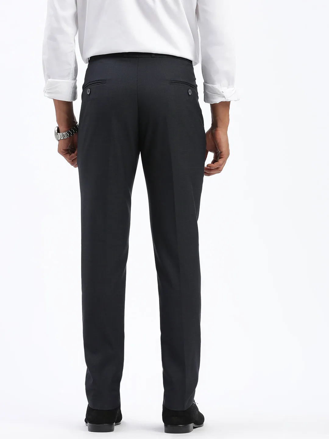 Men Grey Solid Comfort Slim Fit Low-Rise Formal Cotton Trousers