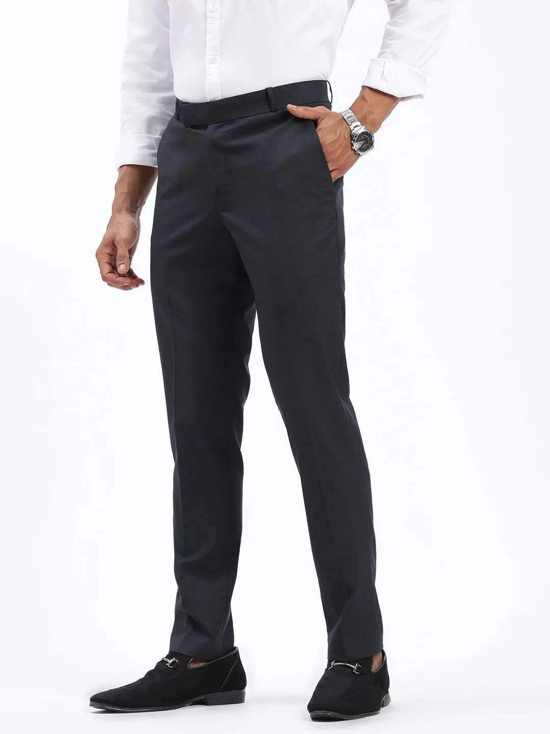 Men Grey Solid Comfort Slim Fit Low-Rise Formal Cotton Trousers