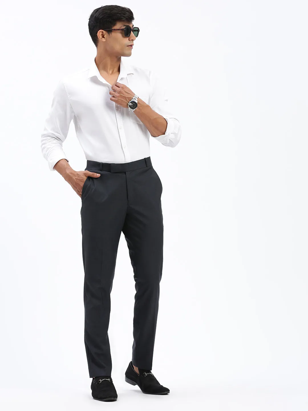 Men Grey Solid Comfort Slim Fit Low-Rise Formal Cotton Trousers