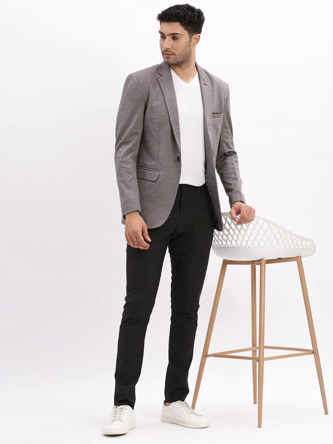 Men Grey Striped Cotton Single-Breasted Casual Blazer