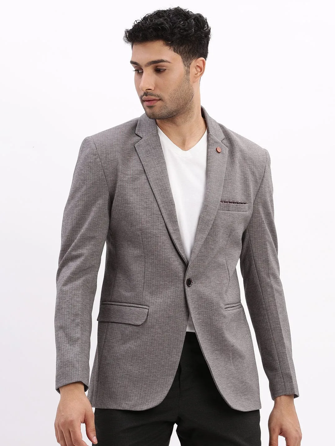 Men Grey Striped Cotton Single-Breasted Casual Blazer