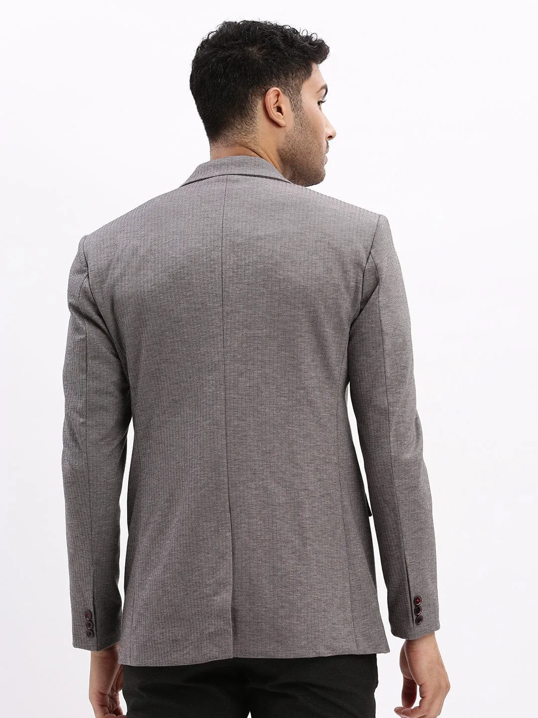 Men Grey Striped Cotton Single-Breasted Casual Blazer