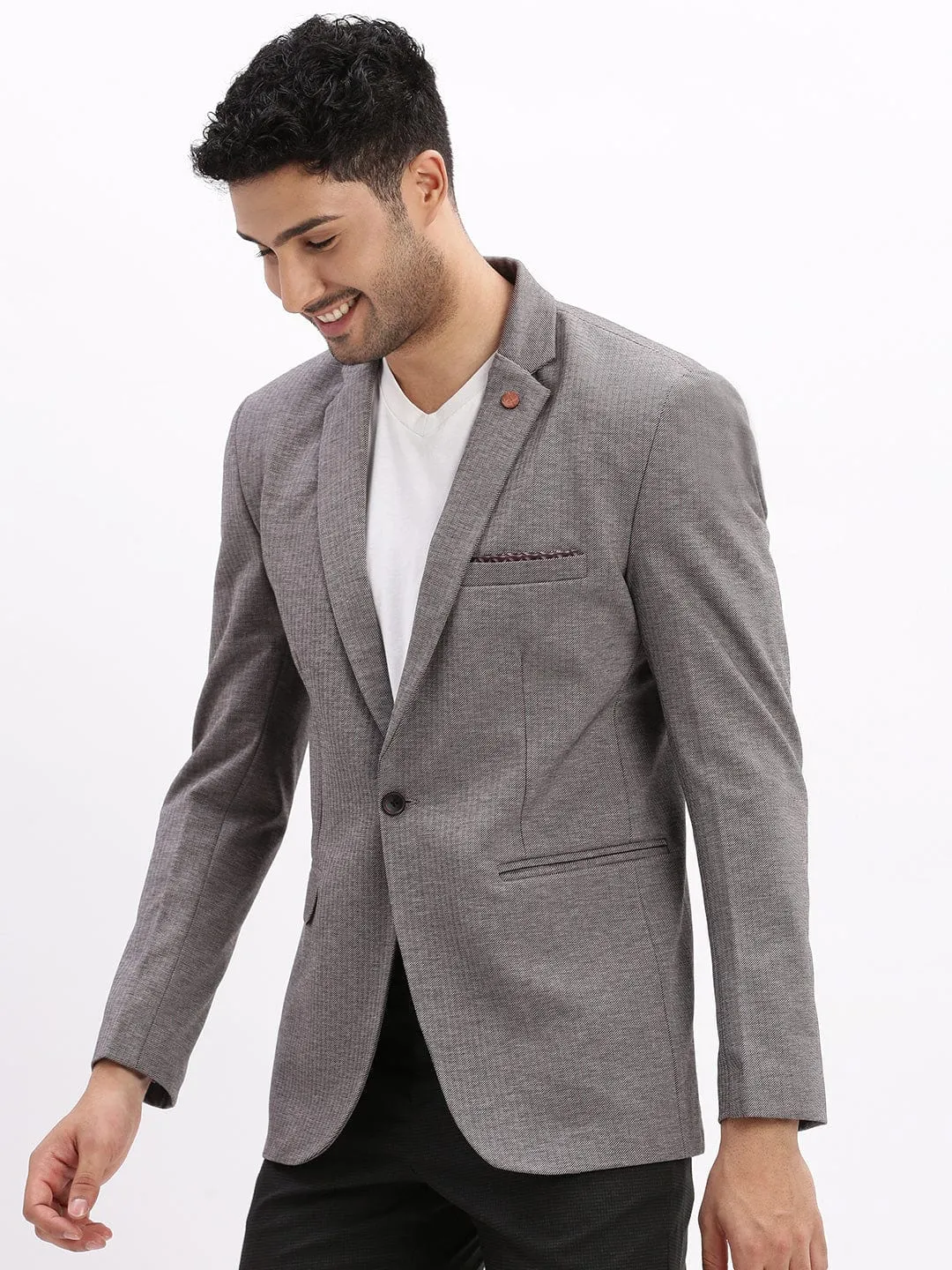 Men Grey Striped Cotton Single-Breasted Casual Blazer