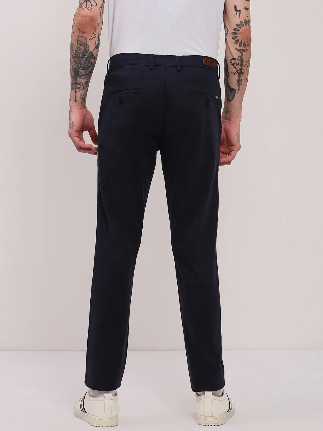 Men Navy Blue Comfort Slim Fit Low-Rise Cotton Trousers