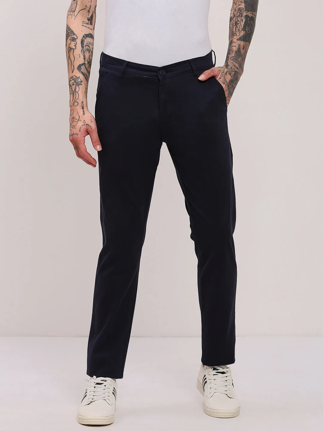 Men Navy Blue Comfort Slim Fit Low-Rise Cotton Trousers