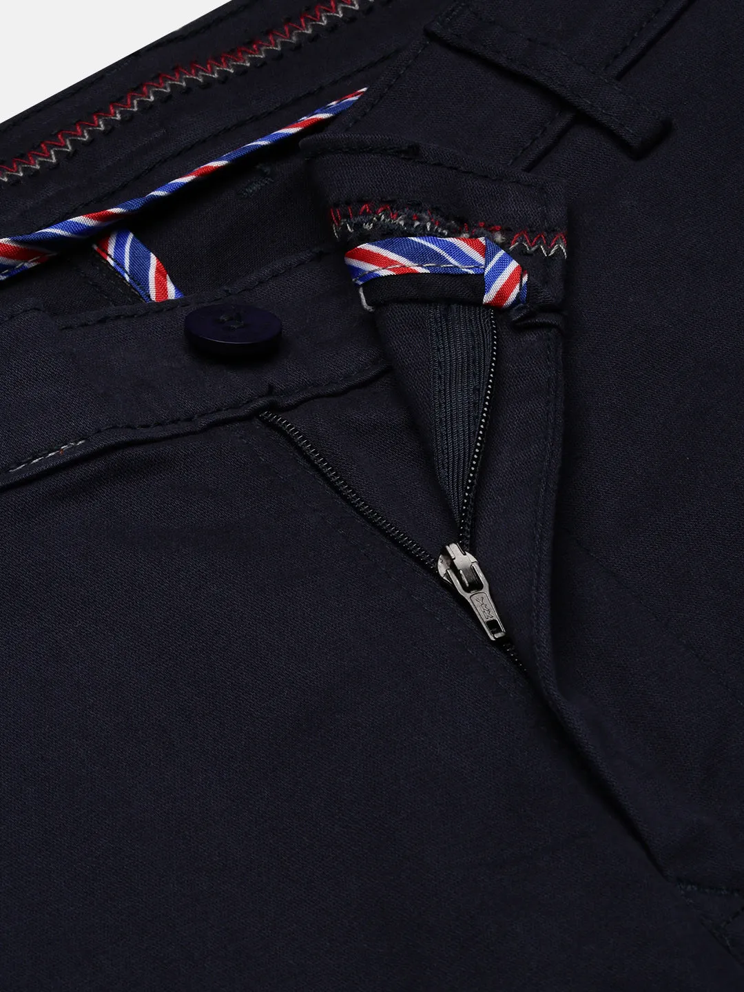 Men Navy Blue Comfort Slim Fit Low-Rise Cotton Trousers