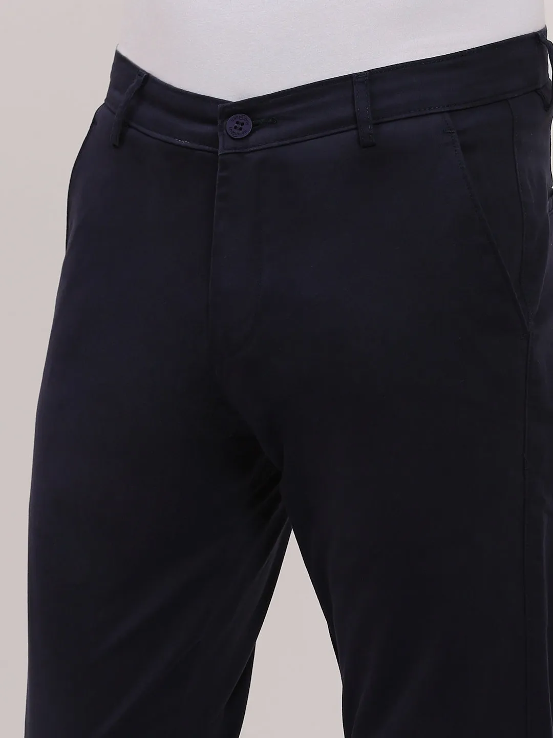 Men Navy Blue Comfort Slim Fit Low-Rise Cotton Trousers