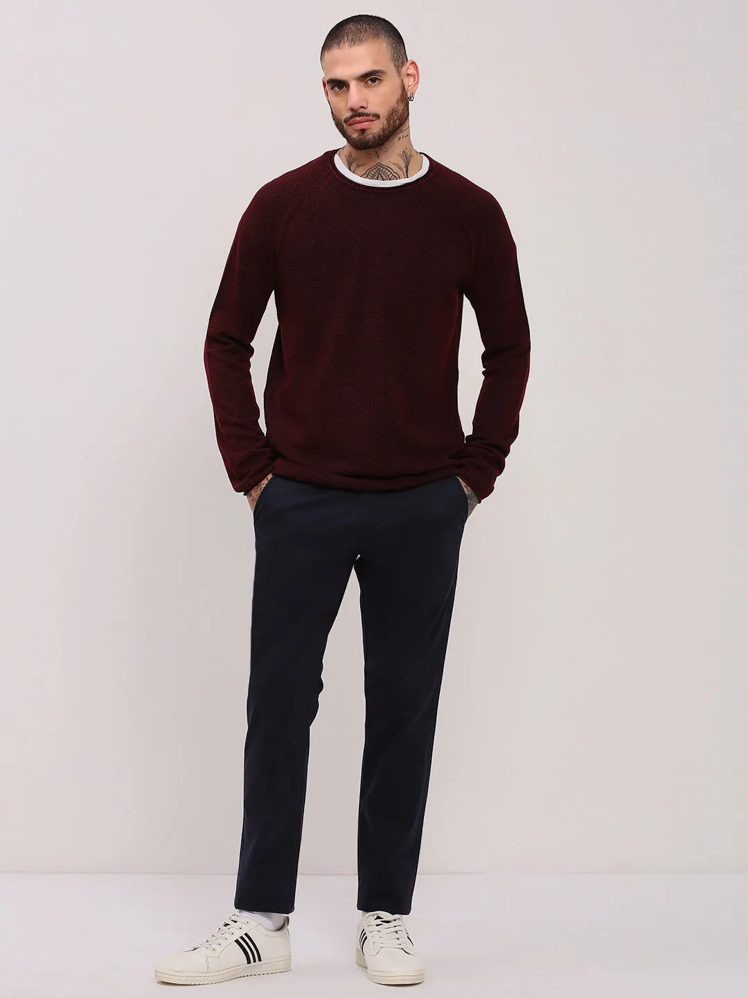Men Navy Blue Comfort Slim Fit Low-Rise Cotton Trousers
