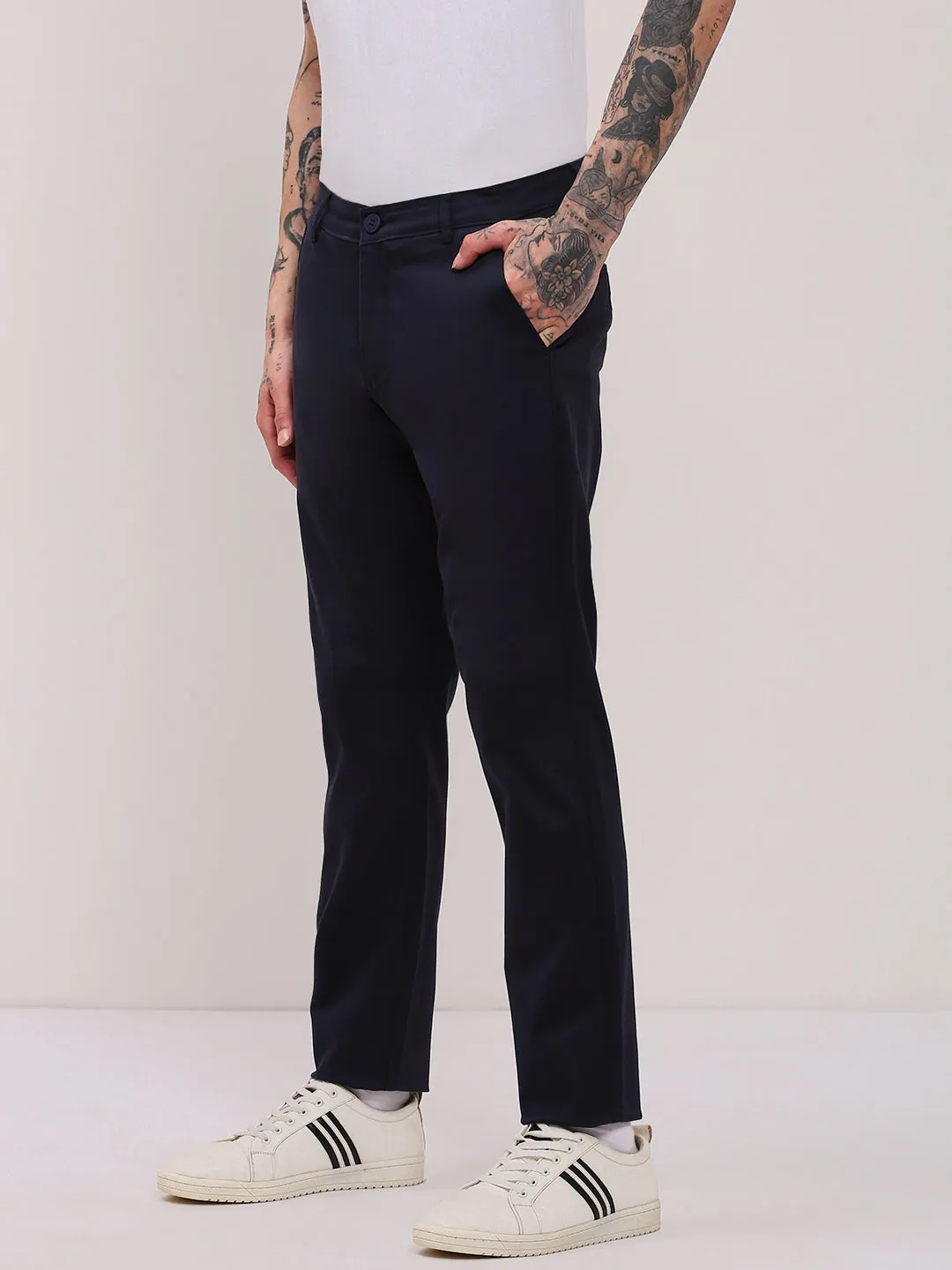 Men Navy Blue Comfort Slim Fit Low-Rise Cotton Trousers
