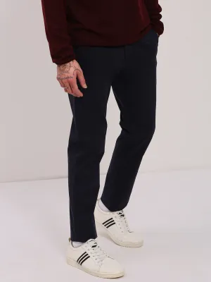 Men Navy Blue Comfort Slim Fit Low-Rise Cotton Trousers