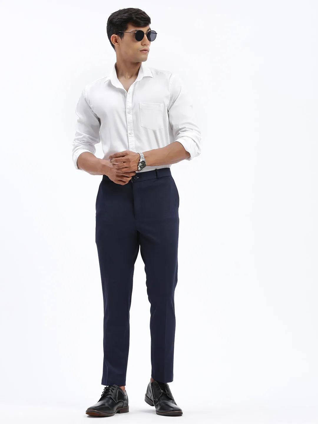 Men Navy Blue Comfort Slim Fit Low-Rise Formal Trousers