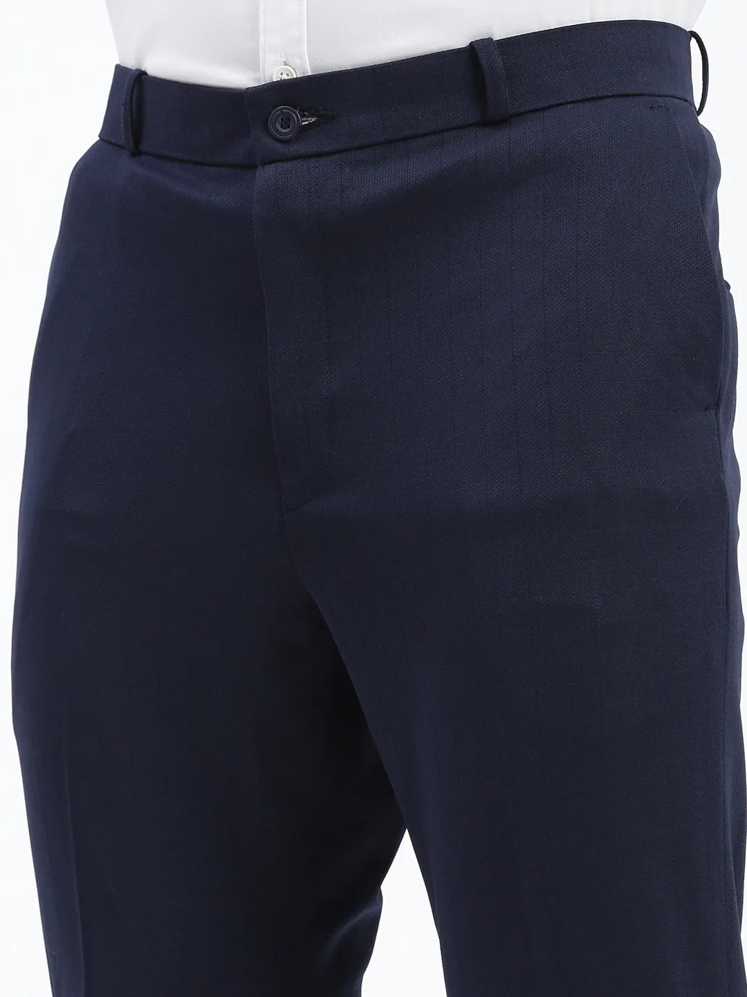 Men Navy Blue Comfort Slim Fit Low-Rise Formal Trousers