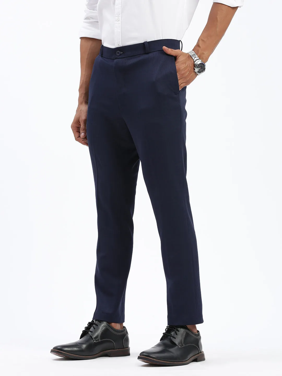 Men Navy Blue Comfort Slim Fit Low-Rise Formal Trousers