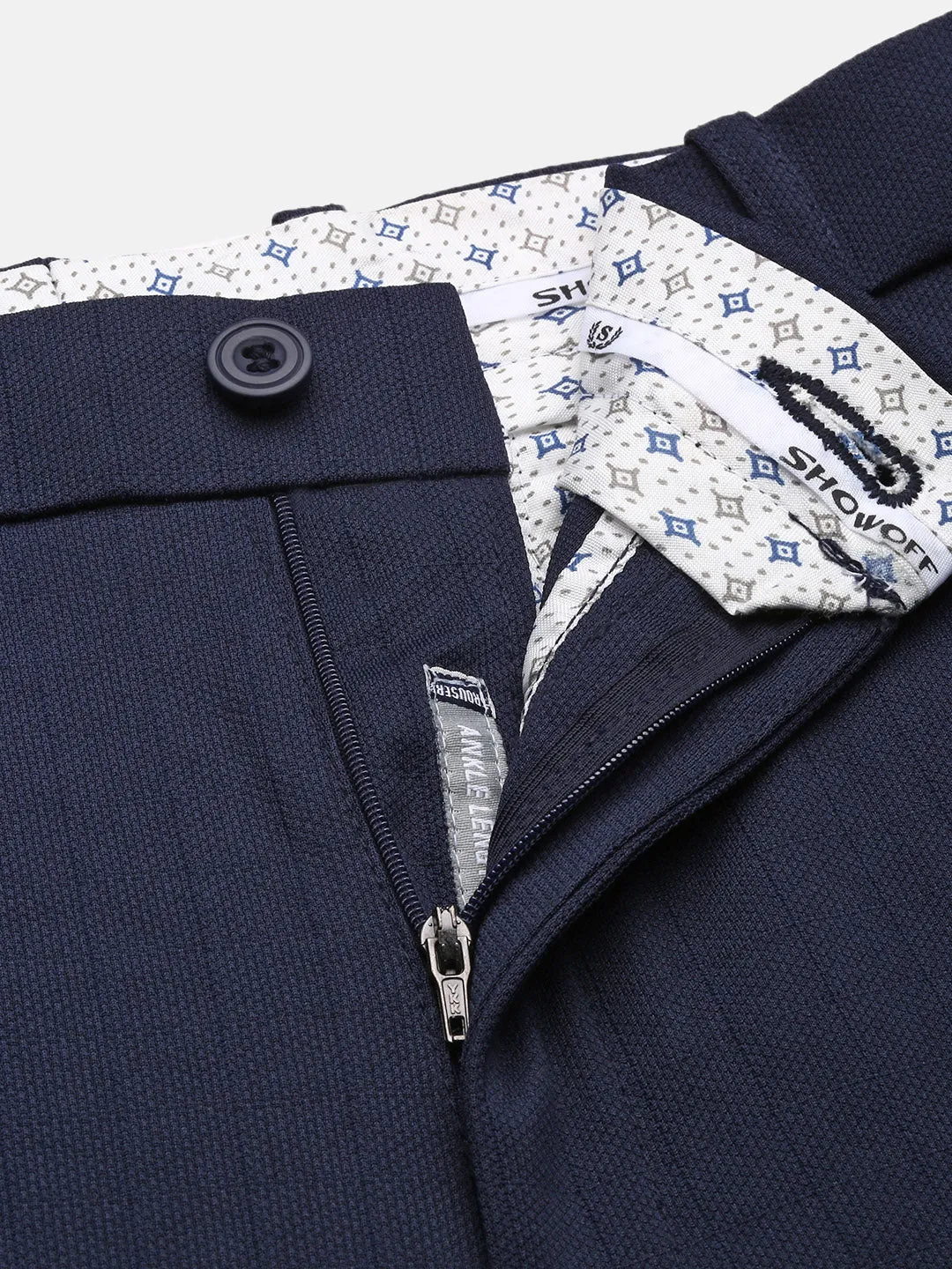 Men Navy Blue Comfort Slim Fit Low-Rise Formal Trousers