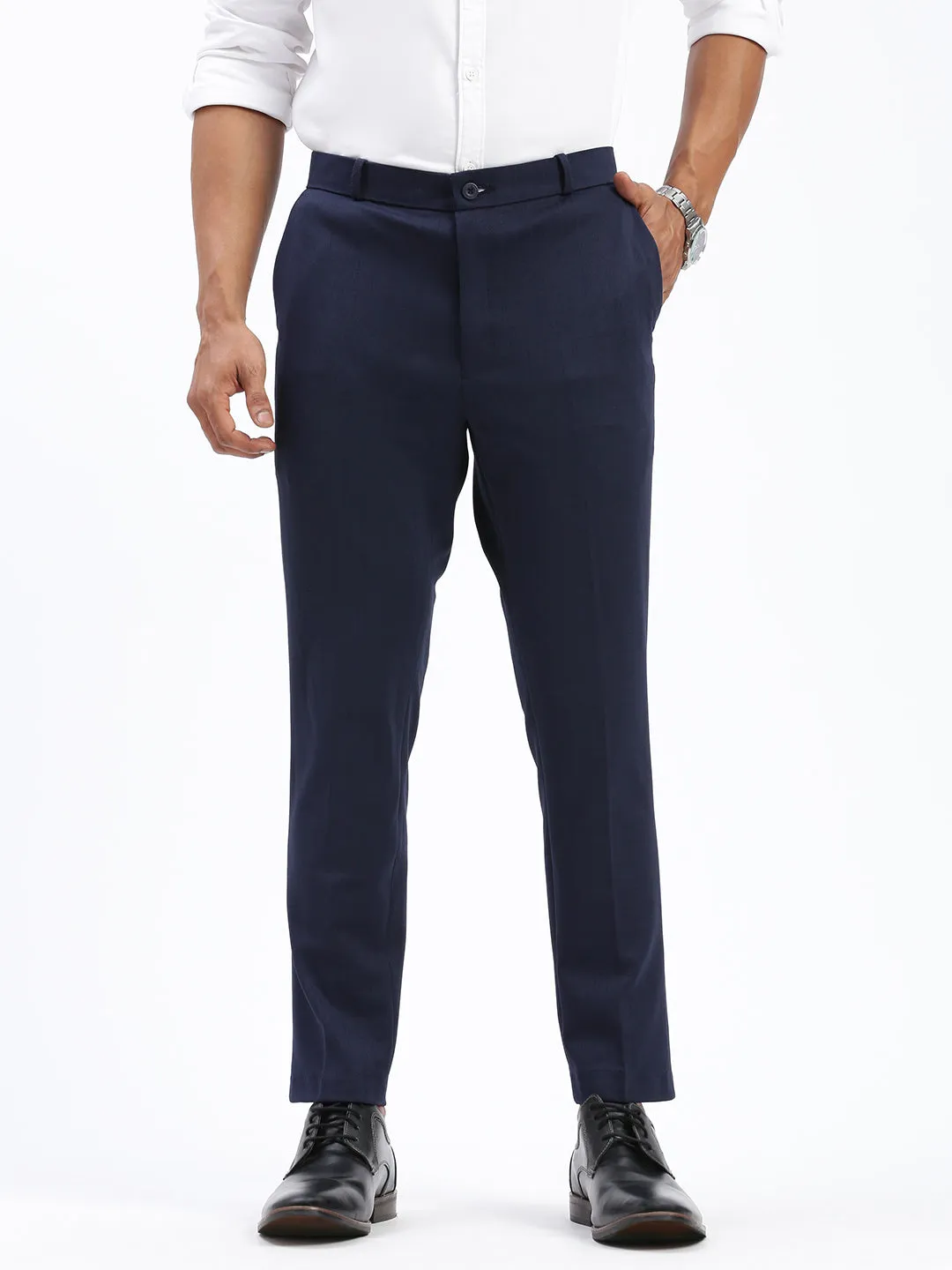 Men Navy Blue Comfort Slim Fit Low-Rise Formal Trousers