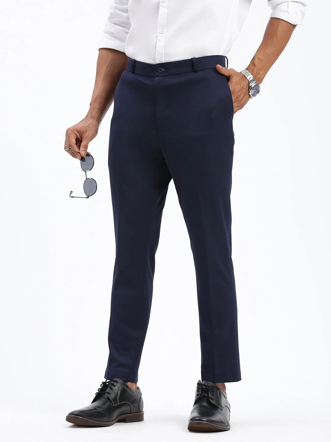 Men Navy Blue Comfort Slim Fit Low-Rise Formal Trousers