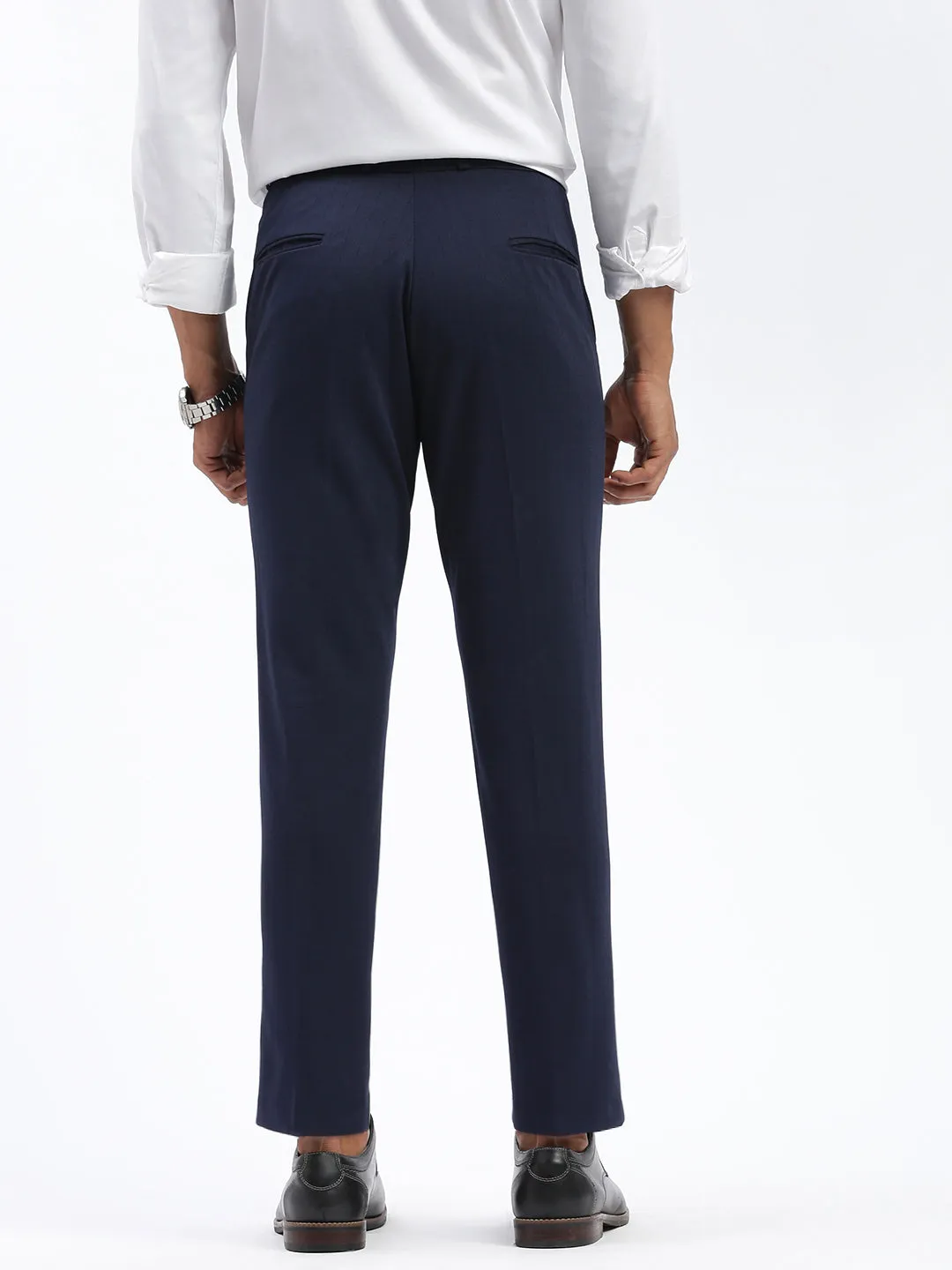 Men Navy Blue Comfort Slim Fit Low-Rise Formal Trousers