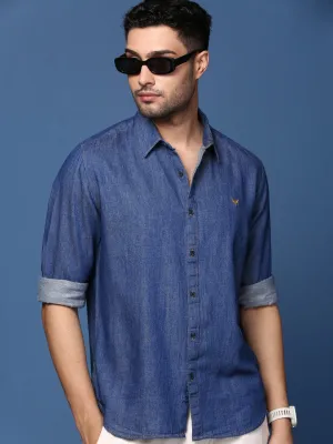 Men Navy Blue Solid Standard Slim Fit Opaque Casual Shirt