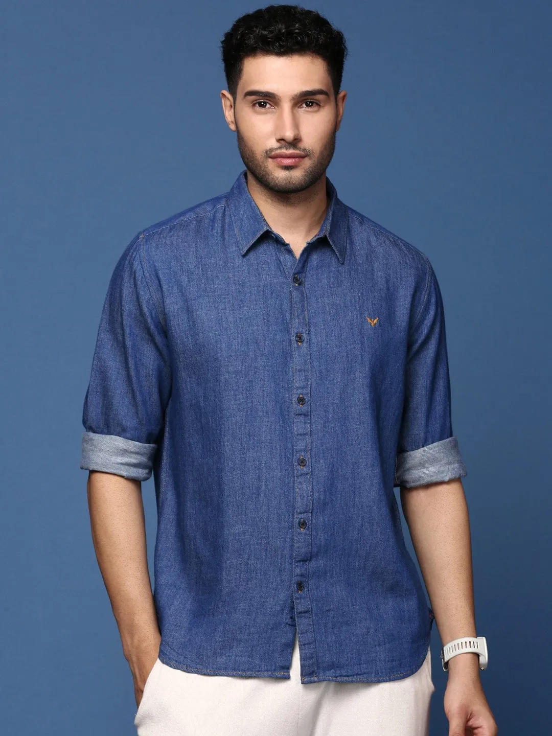 Men Navy Blue Solid Standard Slim Fit Opaque Casual Shirt