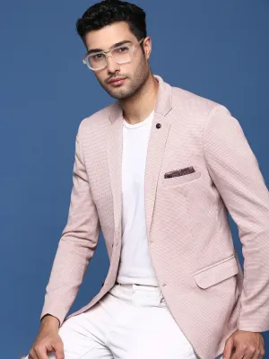 Men Peach Checked Notched Lapel Collar Cotton Slim-Fit Single-Breasted Blazer