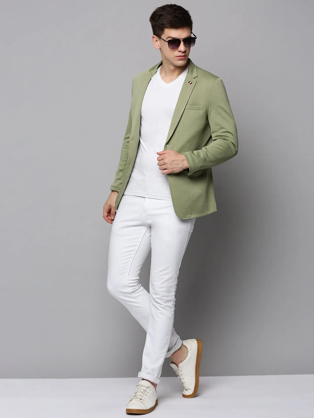 Men Sea Green Cotton Open Front Casual Blazer