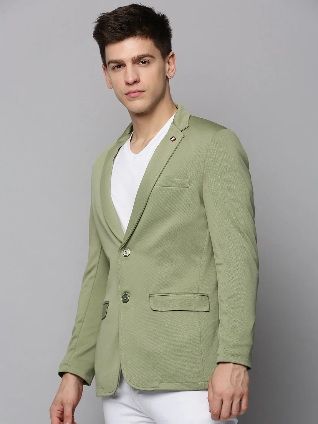 Men Sea Green Cotton Open Front Casual Blazer