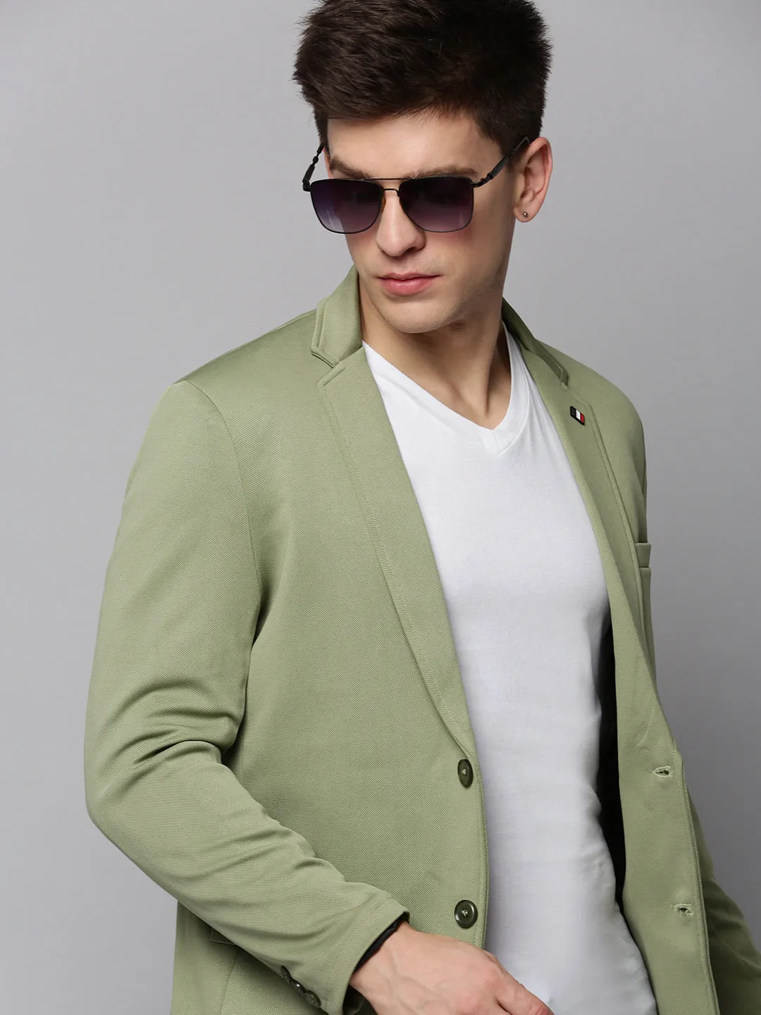 Men Sea Green Cotton Open Front Casual Blazer