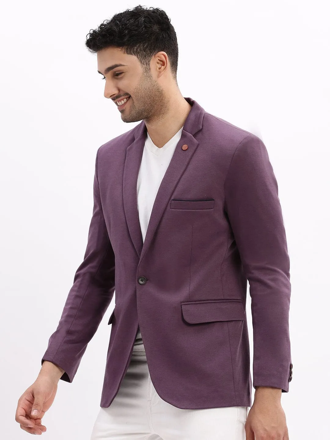 Men Violet Slim-Fit Single Breasted Notched Lapel Collar Cotton Casual Blazer