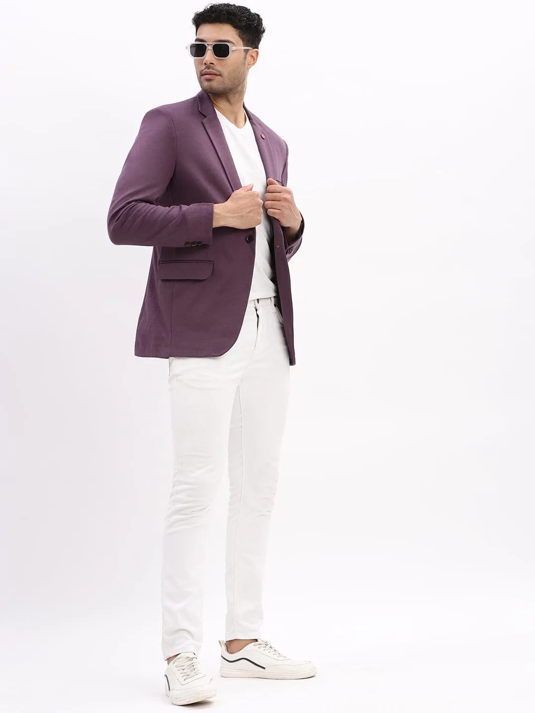 Men Violet Slim-Fit Single Breasted Notched Lapel Collar Cotton Casual Blazer