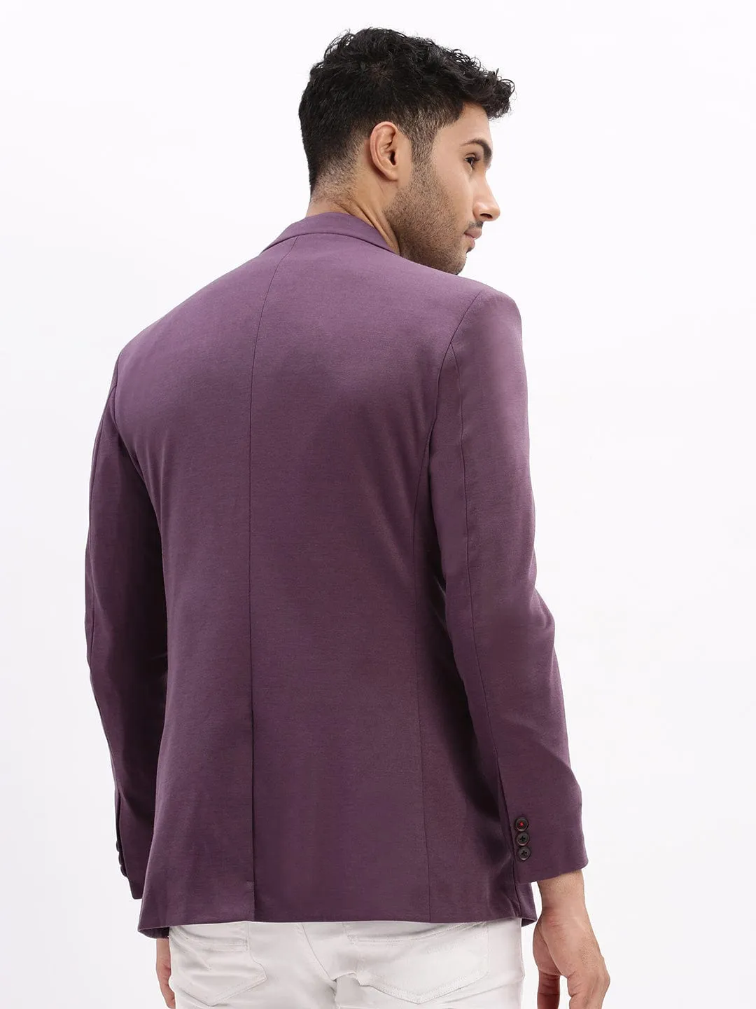 Men Violet Slim-Fit Single Breasted Notched Lapel Collar Cotton Casual Blazer