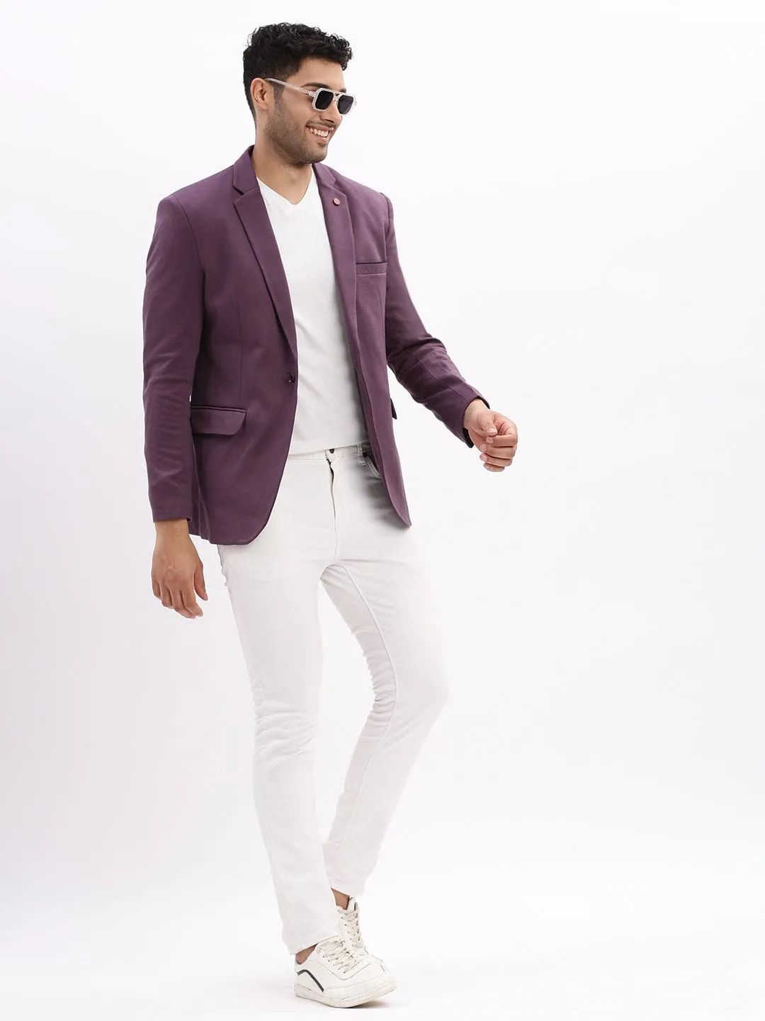 Men Violet Slim-Fit Single Breasted Notched Lapel Collar Cotton Casual Blazer