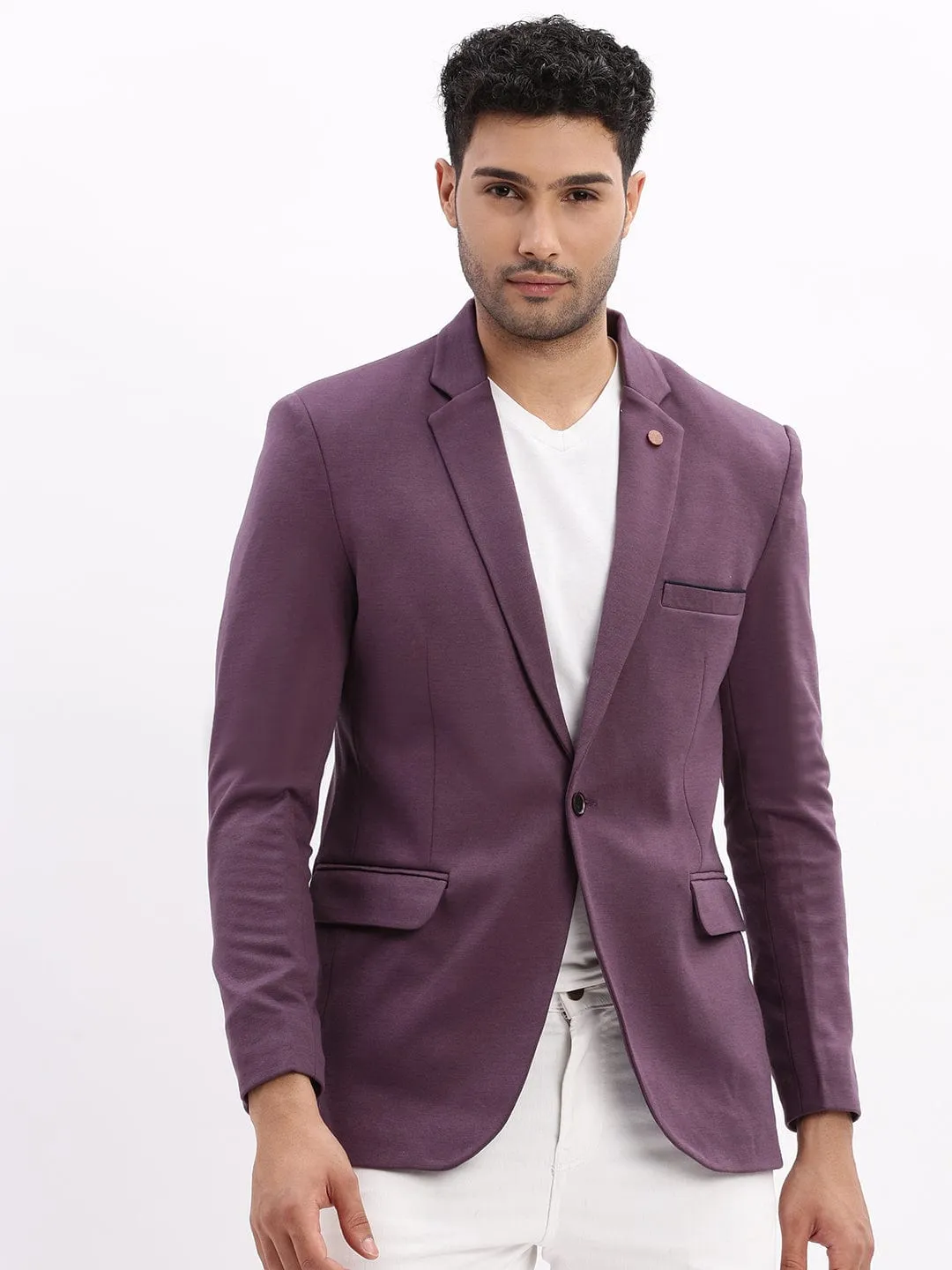 Men Violet Slim-Fit Single Breasted Notched Lapel Collar Cotton Casual Blazer