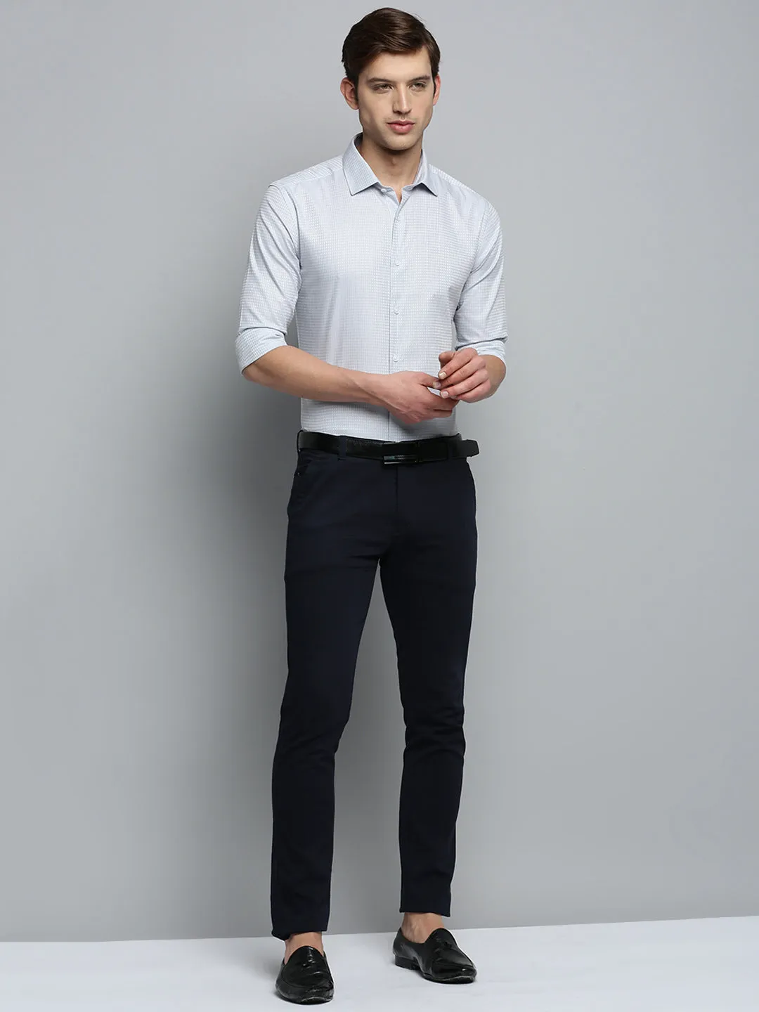Men White Self Design Cotton Formal Shirt