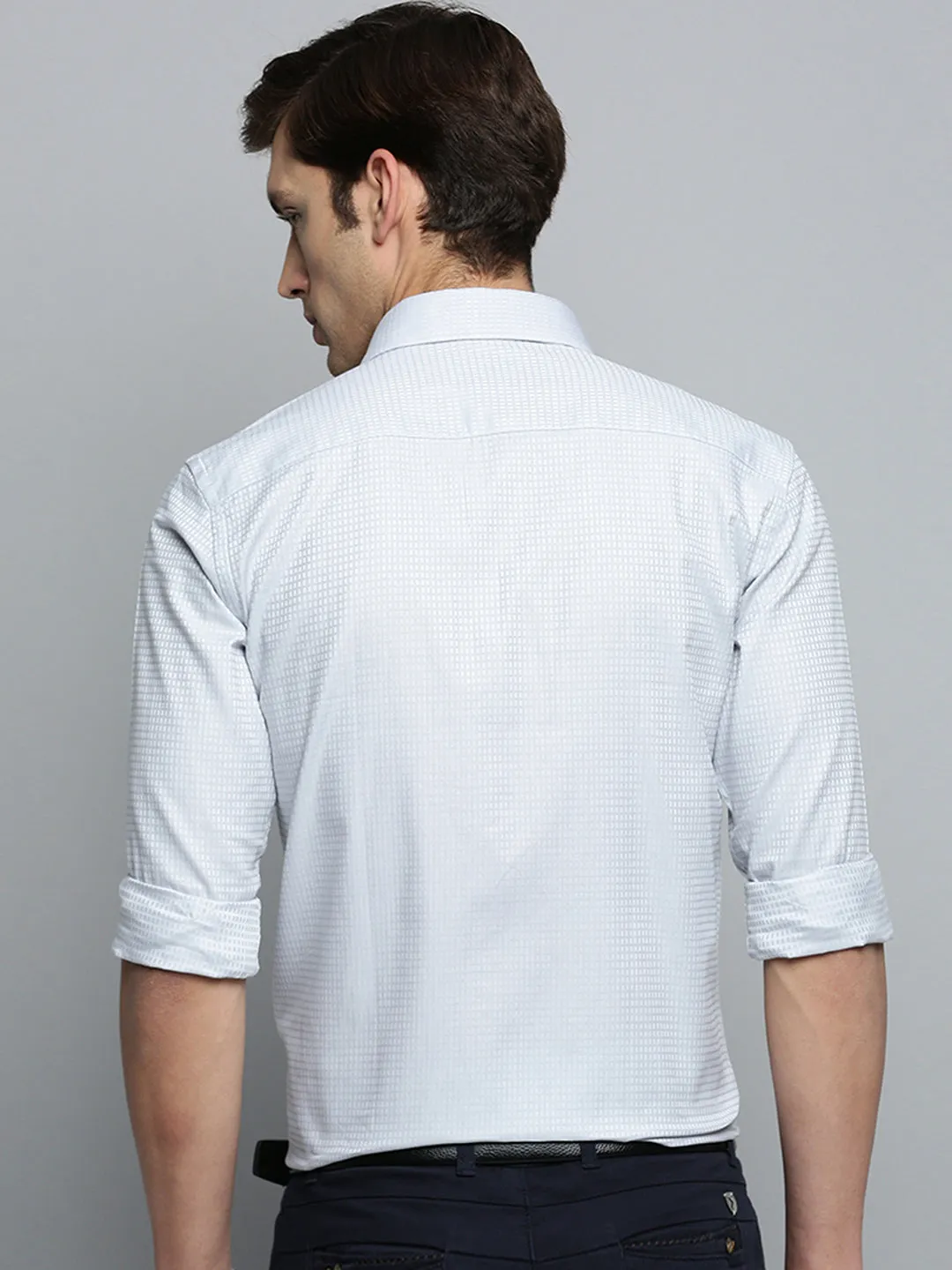 Men White Self Design Cotton Formal Shirt