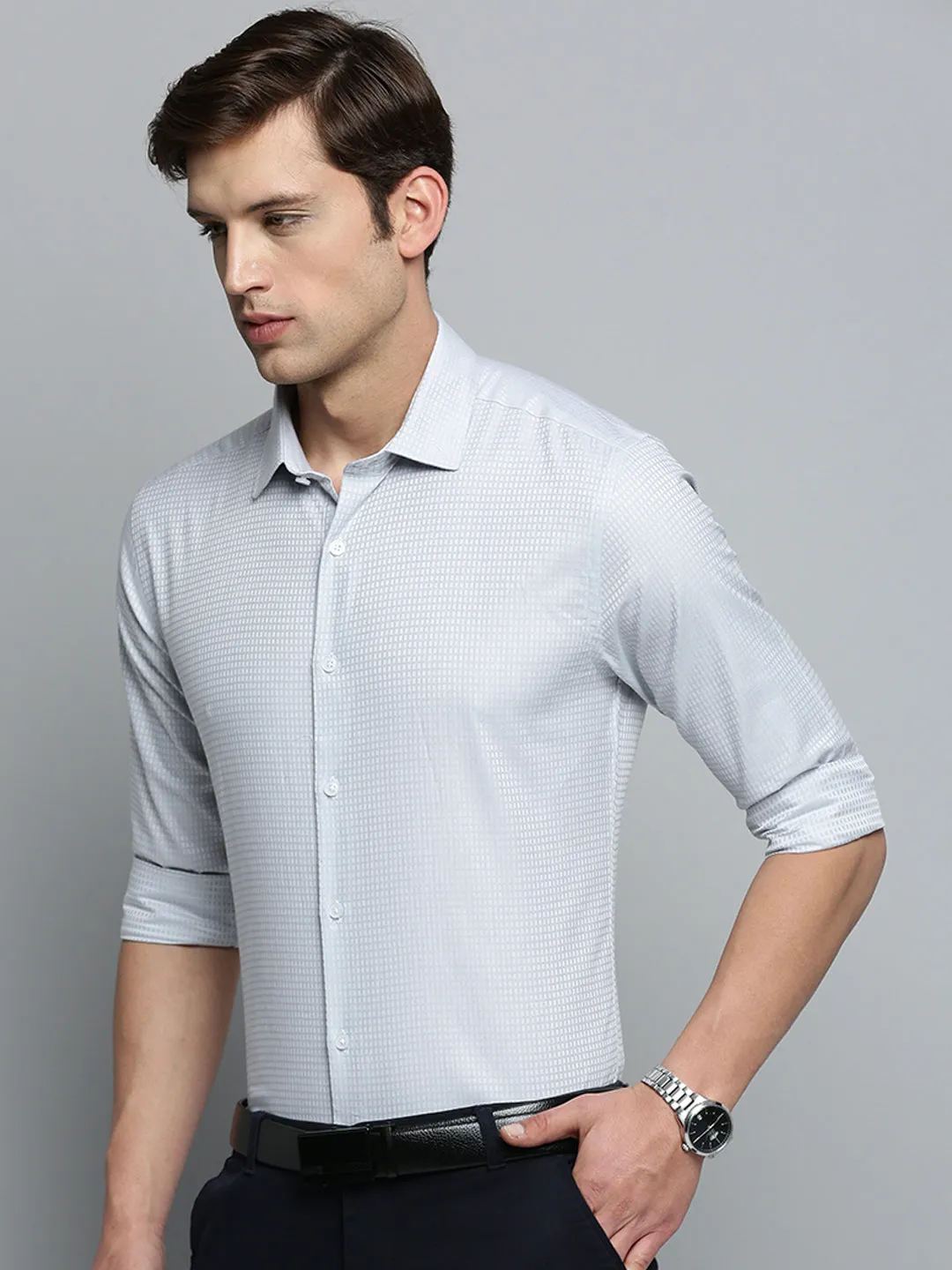Men White Self Design Cotton Formal Shirt