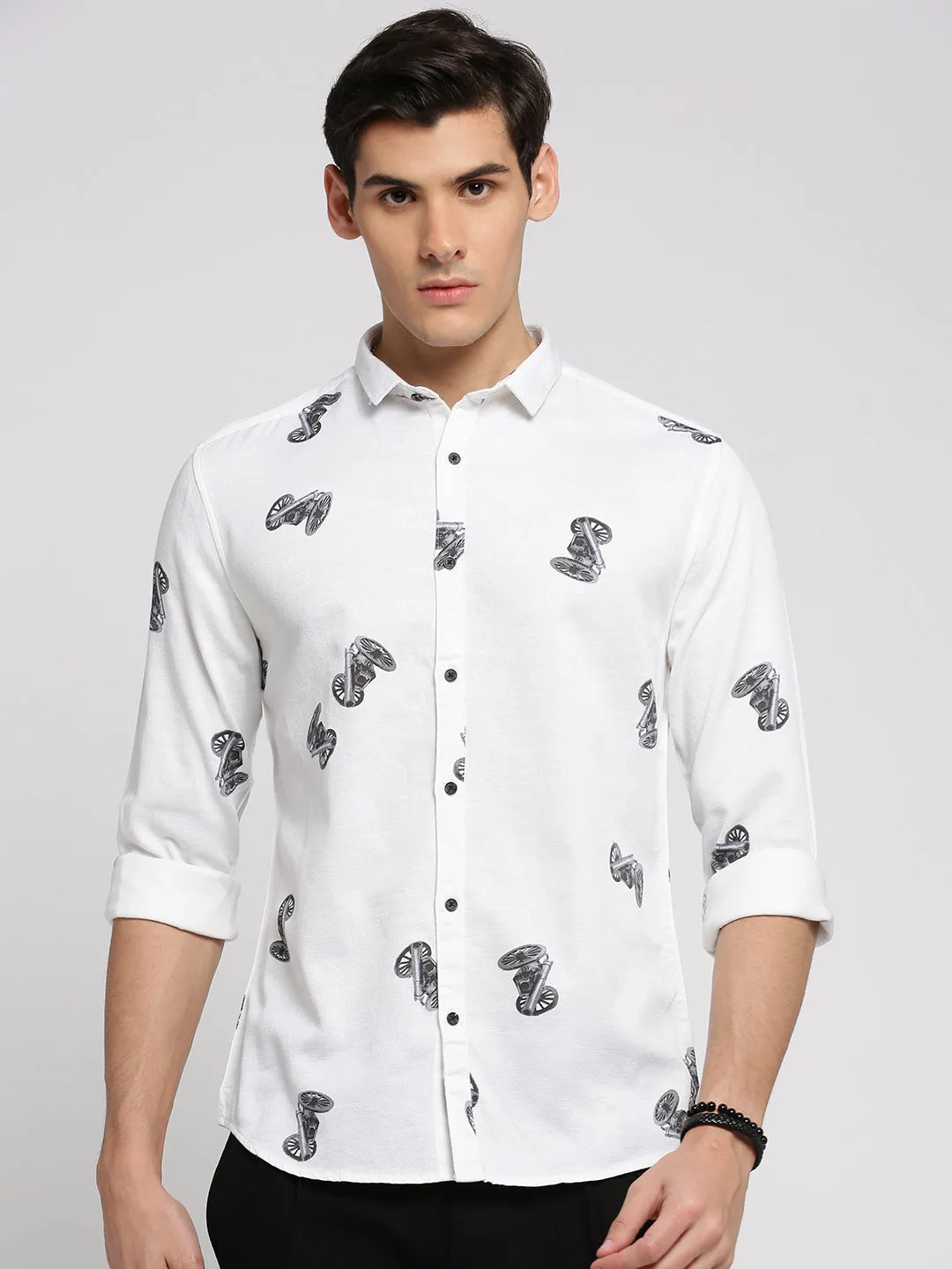 Men White Slim Fit Conversational Printed Long Sleeves Cotton Shirt