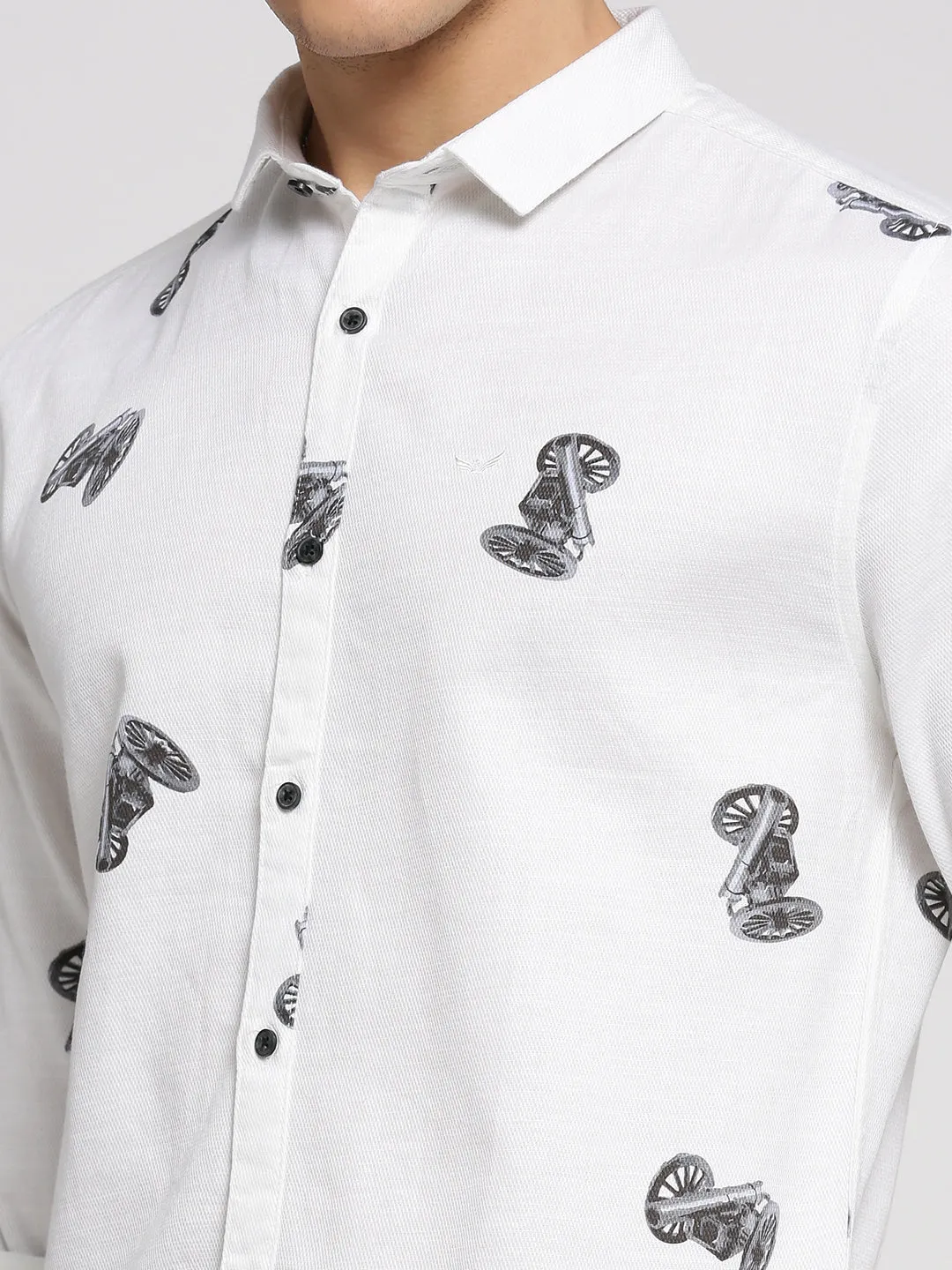 Men White Slim Fit Conversational Printed Long Sleeves Cotton Shirt