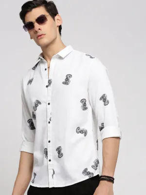 Men White Slim Fit Conversational Printed Long Sleeves Cotton Shirt