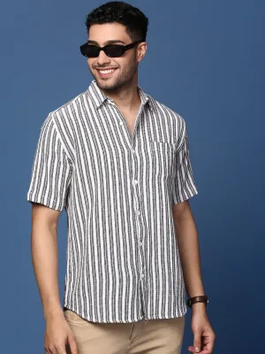 Men White Striped Cotton Standard Slim Fit Casual Shirt