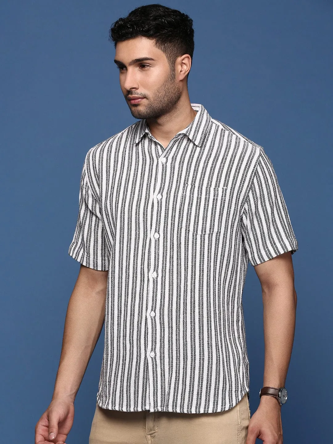 Men White Striped Cotton Standard Slim Fit Casual Shirt