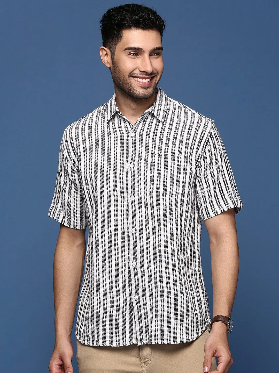 Men White Striped Cotton Standard Slim Fit Casual Shirt
