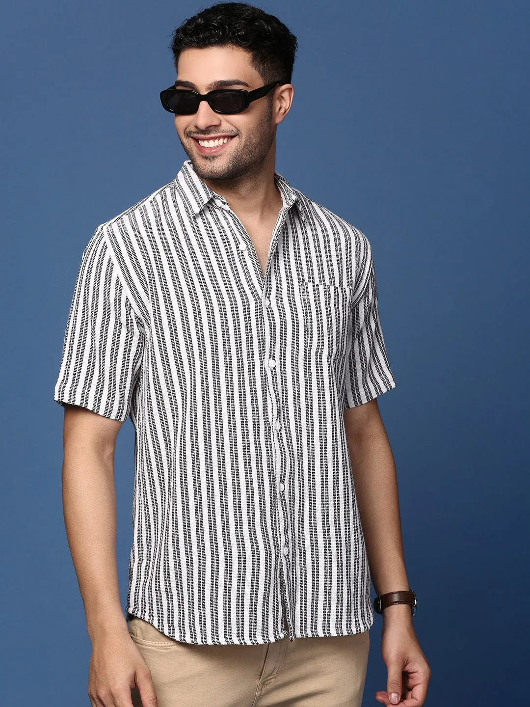 Men White Striped Cotton Standard Slim Fit Casual Shirt