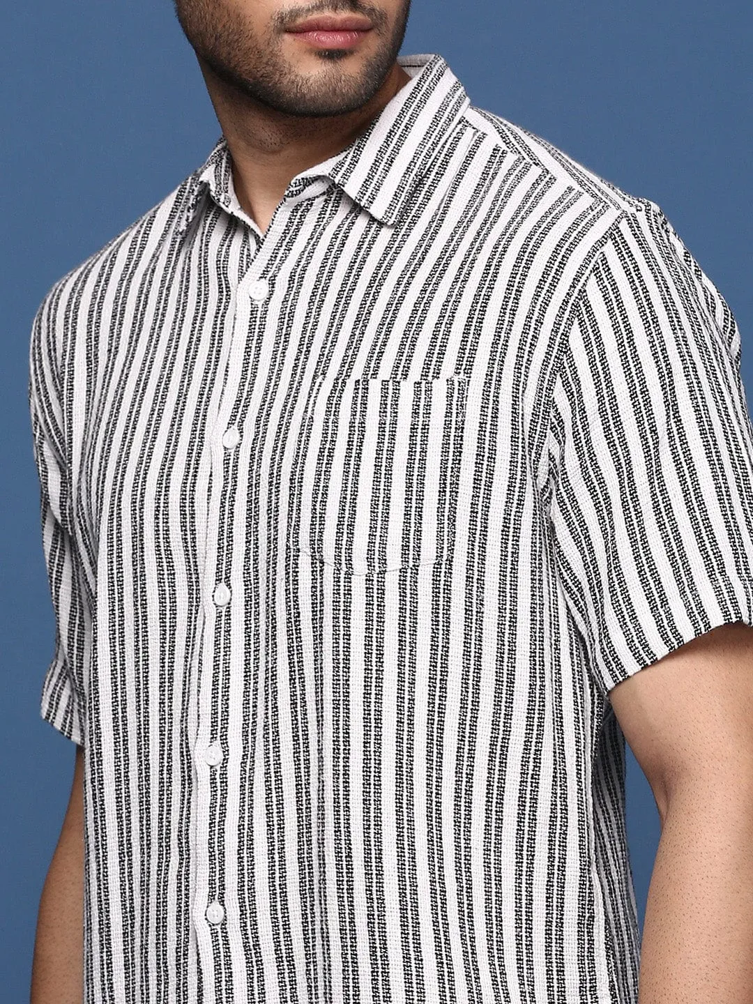Men White Striped Cotton Standard Slim Fit Casual Shirt