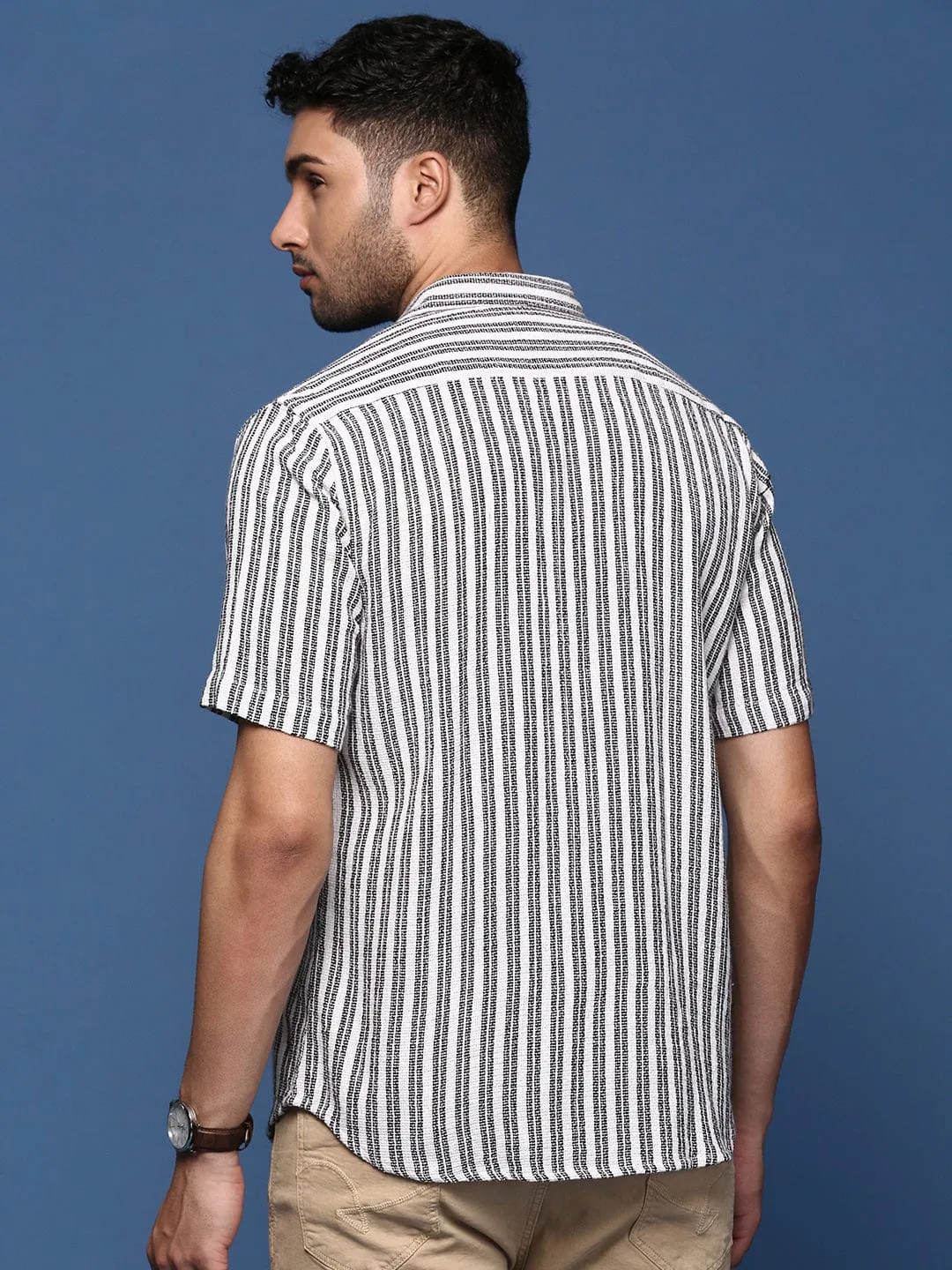 Men White Striped Cotton Standard Slim Fit Casual Shirt