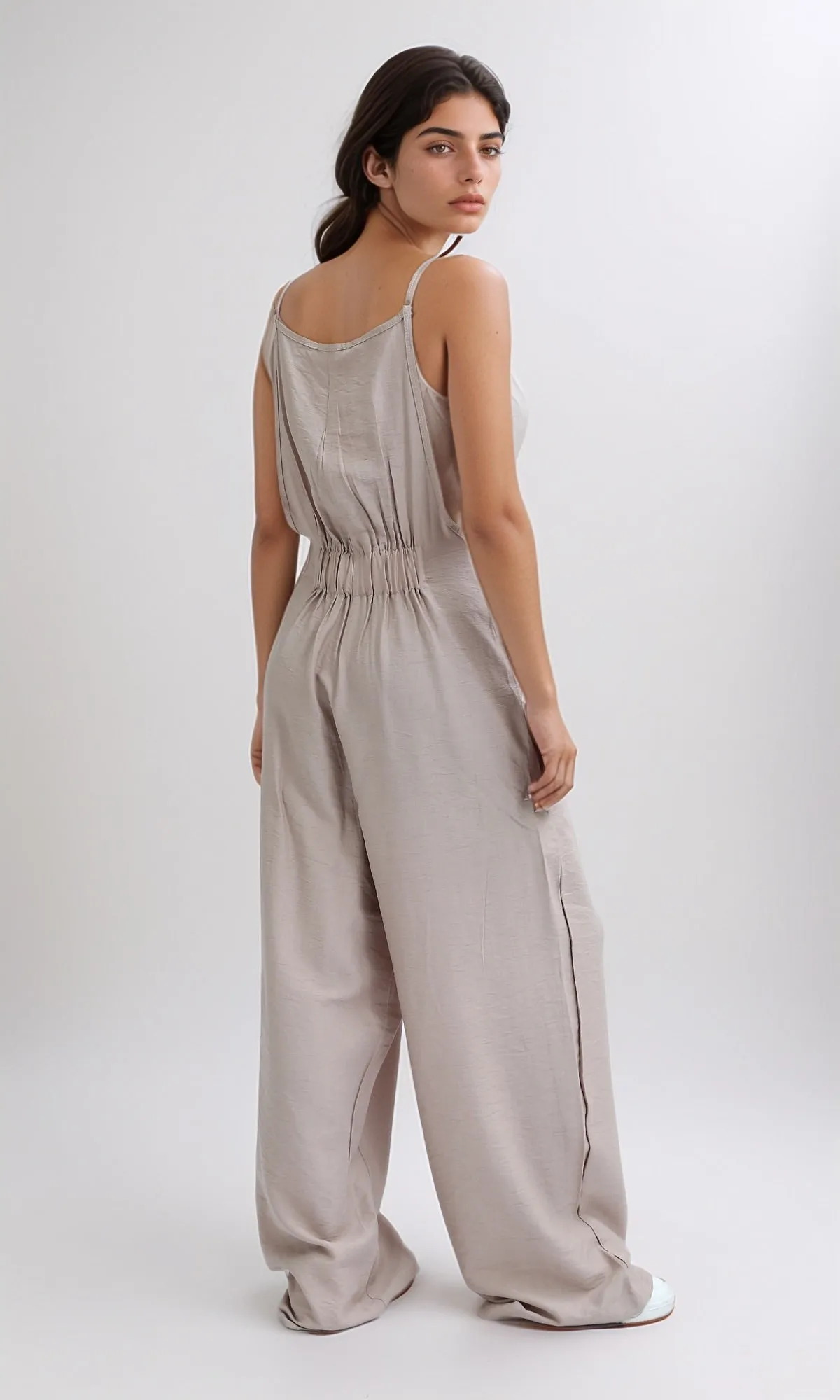 O198043 Spaghetti Strap Wide Leg Jumpsuit - Coffee