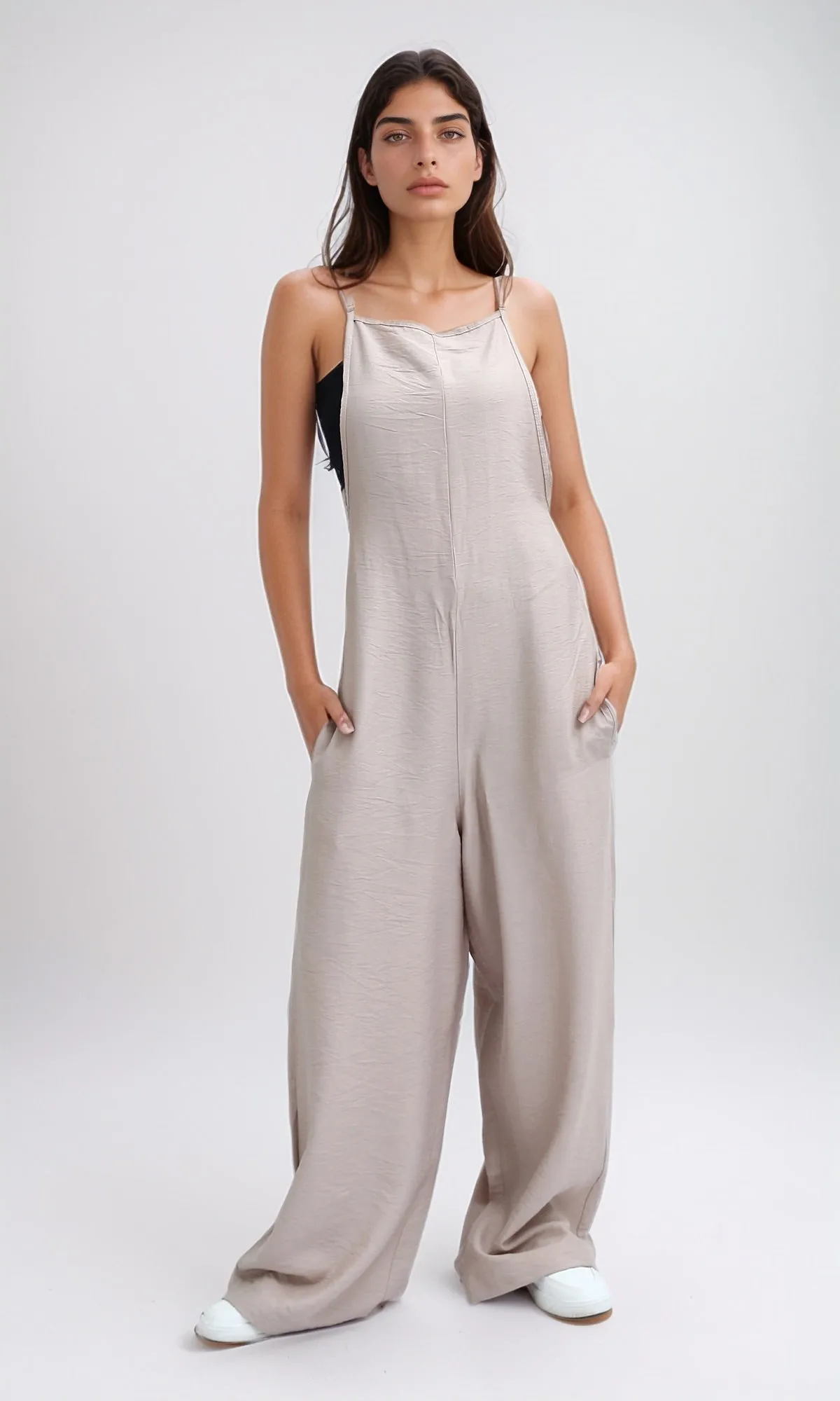 O198043 Spaghetti Strap Wide Leg Jumpsuit - Coffee