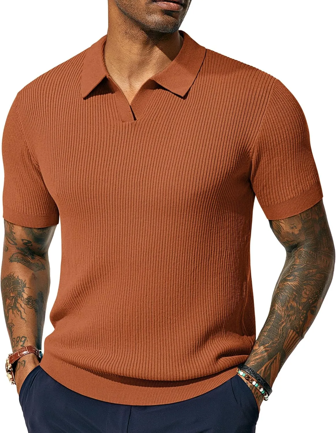 PJ PAUL JONES Mens Polo Shirts Short Sleeve Casual V Neck Ribbed Textured Knit Polo Shirt