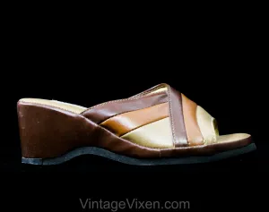 Size 5 Summer Sandals - Tan 1970s Shoes - Three Color Brown Mules Wedges Platform Heels - Open Toe 70s Espadrilles Retro Curves - Love Mates