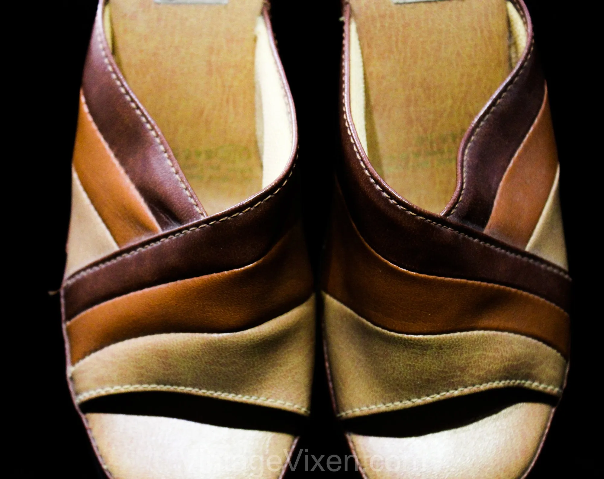 Size 5 Summer Sandals - Tan 1970s Shoes - Three Color Brown Mules Wedges Platform Heels - Open Toe 70s Espadrilles Retro Curves - Love Mates